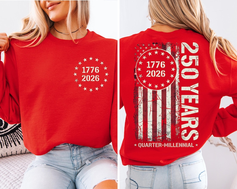 A red sweatshirt with white text and graphics on the back.