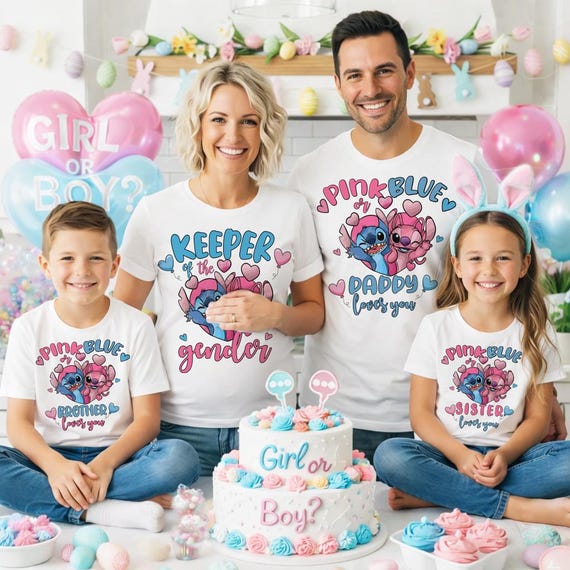 Disney Custom Gender Reveal Shirt, Pink Or Blue Stitch Angel Shirt, Baby Announcement T-Shirt, Family Loves You Sweatshirt, Baby Shower Tees