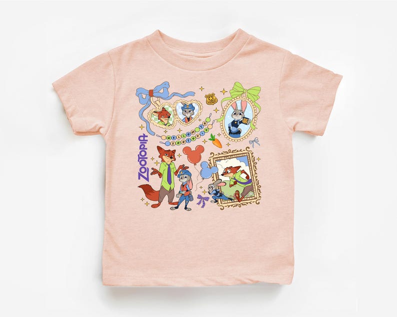 The image is a t-shirt featuring a collage of cartoon animal characters and various Disney-themed elements, such as a fox, a dog, and a cat.