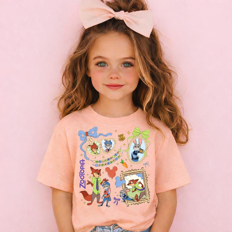A young girl with long brown hair wearing a pink bow and a pink t-shirt with various cartoon characters and designs.