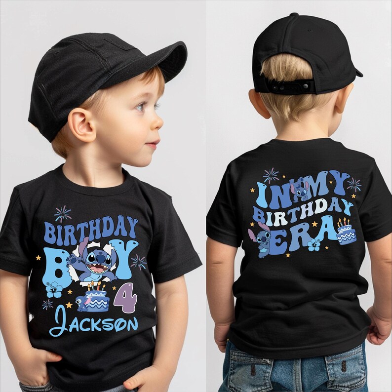 A young boy wearing a black t-shirt with a birthday message and a character from the movie Lilo and Stitch.