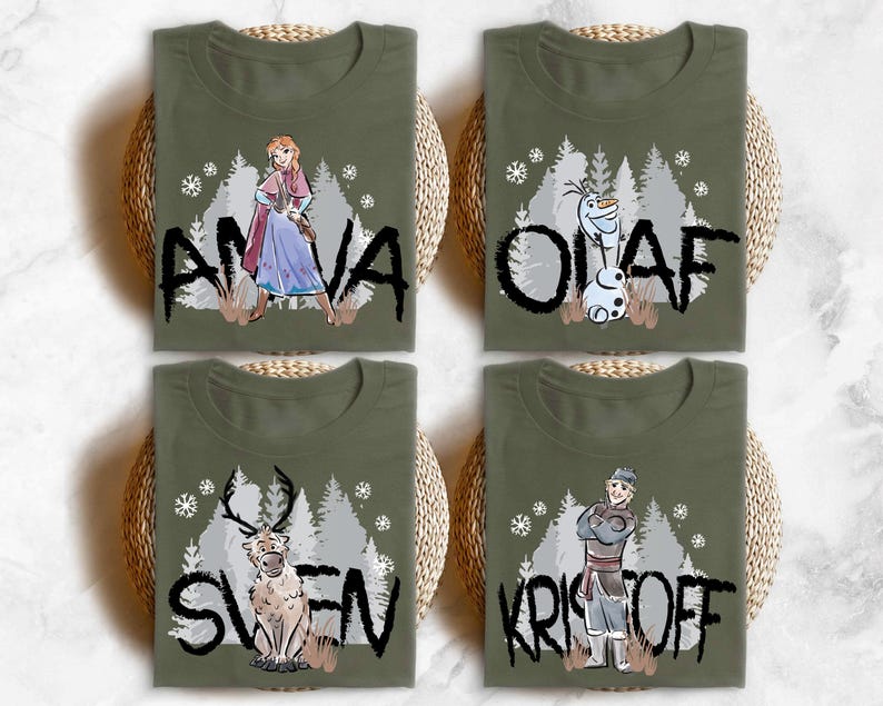 a group of four t - shirts with frozen princesses on them