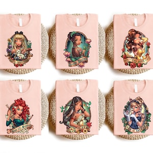 a set of four t - shirts with a picture of princesses on them