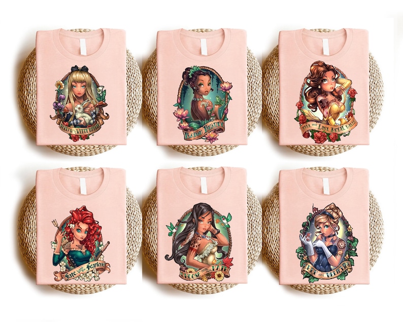 a set of four t - shirts with a picture of princesses on them
