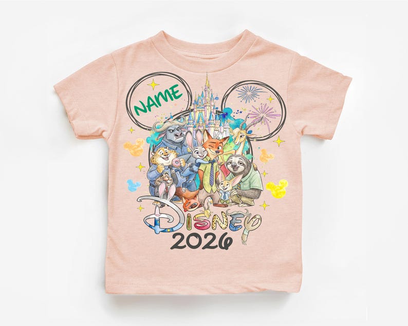 A pink t-shirt with a Disney-themed design featuring various Disney characters and the text "Disney 2020".