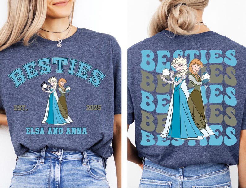 a woman wearing a t - shirt that says besties, besties, and
