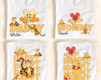 May include: Four white t-shirts with a Winnie the Pooh theme. Two shirts say "Daddy" with a Tigger graphic and the name "William". Two shirts say "Mommy" with a Winnie the Pooh graphic and the name "Sophia". All shirts have a balloon with the number "12" and the text "Emil's Birthday".