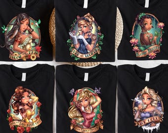 Princesses As Tattooed Shirt, Aesthetic Princess T-Shirt, Tattoo Rocker Princess, Punk Princess Shirts, Disney Squad Shirt