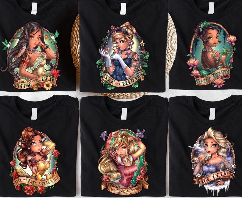 a set of four t - shirts with disney characters on them