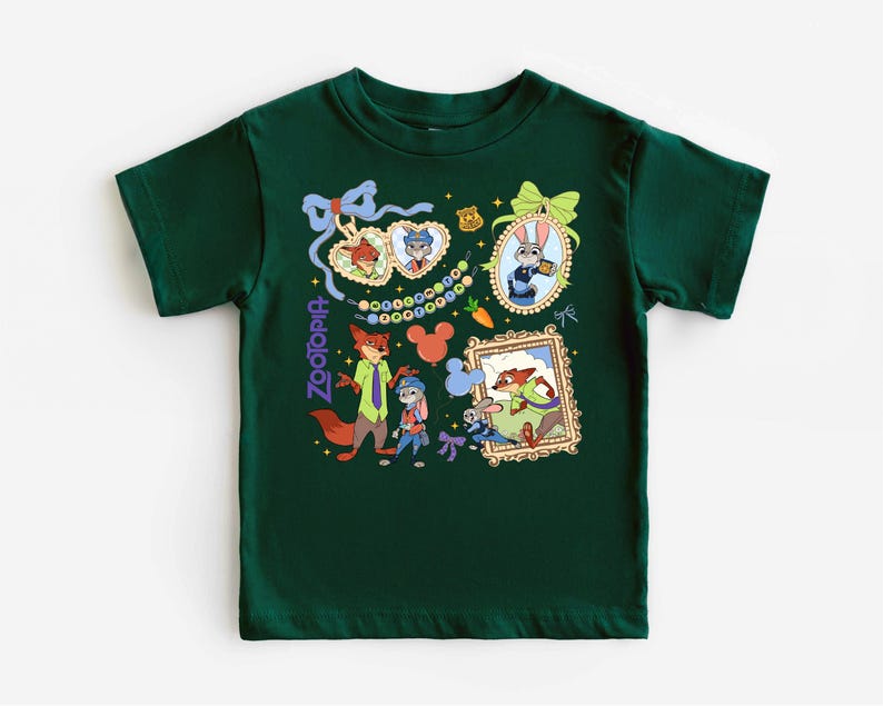 A green t-shirt with a collage of cartoon characters and illustrations, including a fox, a rabbit, and other animals.