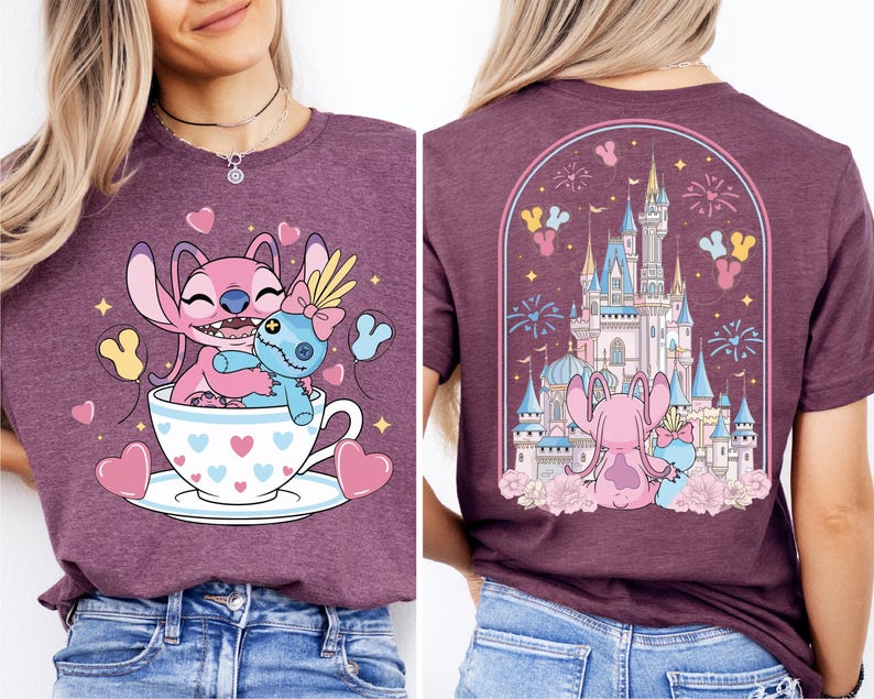 The image is a collage of two images featuring a woman wearing a purple t-shirt with a cartoon design of a cup with a small blue animal inside, and a castle in the background.