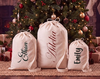 Custom Name Canvas Santa Sack, Toy Sack with Name Initial, Christmas Gift Bags