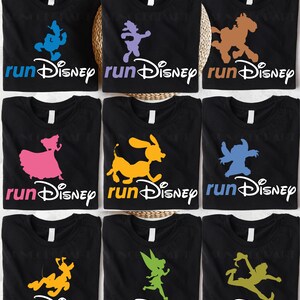 A collection of nine Disney-themed t-shirts, each with a different cartoon character printed on it.