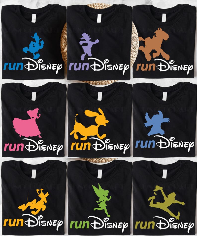 A collection of nine Disney-themed t-shirts, each with a different cartoon character printed on it.