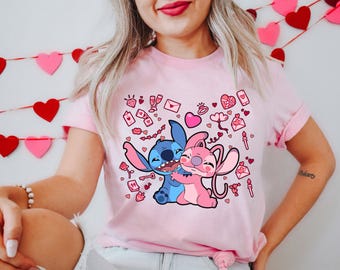 Camiseta de San Valentín con Stitch Angel, suéter de San Valentín de Disney, camiseta de amor con Stitch Angel, sudadera de pareja de Disney, camiseta de corazón de Disney