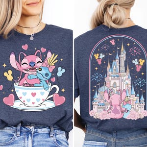 The image is a collage of two images featuring a woman wearing a t-shirt with a graphic design of a cup with a cartoon character inside. The design includes a castle, fireworks, and other whimsical elements.