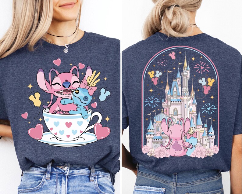 The image is a collage of two images featuring a woman wearing a t-shirt with a graphic design of a cup with a cartoon character inside. The design includes a castle, fireworks, and other whimsical elements.