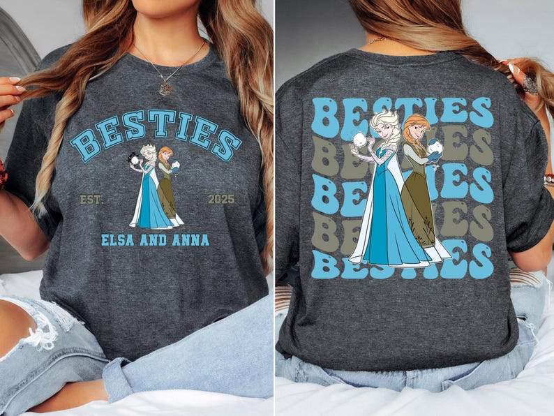 two pictures of a woman wearing a t - shirt with the words besties and
