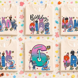 Camiseta personalizada de cumpleaños familiar de Zootopia, camiseta de cumpleaños de Disney Zootopia 2, camiseta de Nick Wilde y Judy Hopps, camisetas de cumpleaños para viajes familiares a Disneyland imagen 1