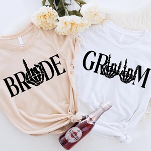 Bride Groom Skeleton Hand Shirt, Newly Married Sweatshirt, Gothic Bride and Groom Tee, Matching Bride Groom T-Shirt, Goth Wedding Shirt