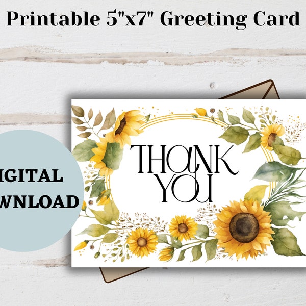 Sunflower thank you card printable pdf Sunflower card download Digital thank you card