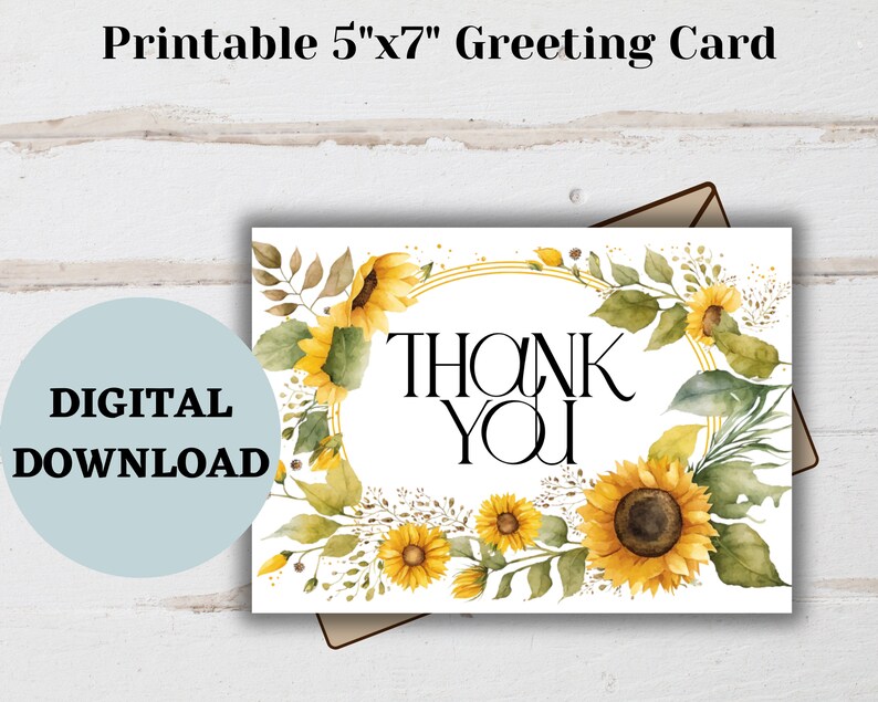 Sunflower Thank You Card Printable Pdf Sunflower Card Download Digital ...
