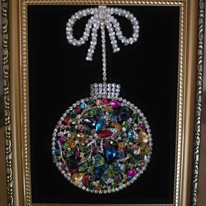 Framed Christmas jewelry art, handcrafted home holiday decor, Jeweled Ornament.  A unique gift or holiday keepsake.