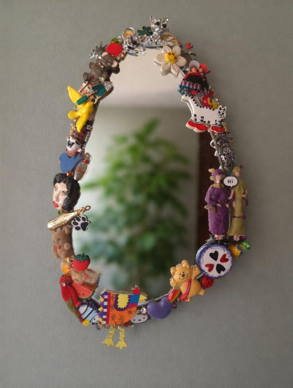 Eclectic Mirror, Whimsical Wall Art, Mixed Media Decor (8"x10")  Created with unique charms, pins and pendants.