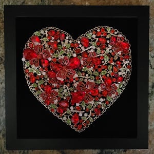 Handcrafted Framed Jewelry Art, Jeweled Heart.  Created with jewelry on black velvet.  A unique gift or sweet home decor.