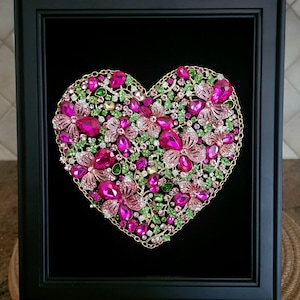 Handcrafted Framed Jewelry Art, Jeweled Heart.  Created with jewelry on black velvet.  A unique gift or sweet home decor.