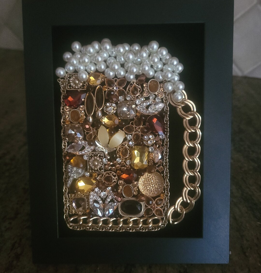 Framed Jewelry Wall Art, Handmade Home Decor, Mug of Beer. Created With