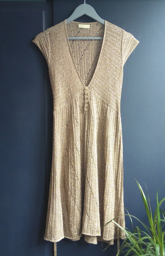 Vintage Kate Jones gold knitted dress. Gold knitted dress.