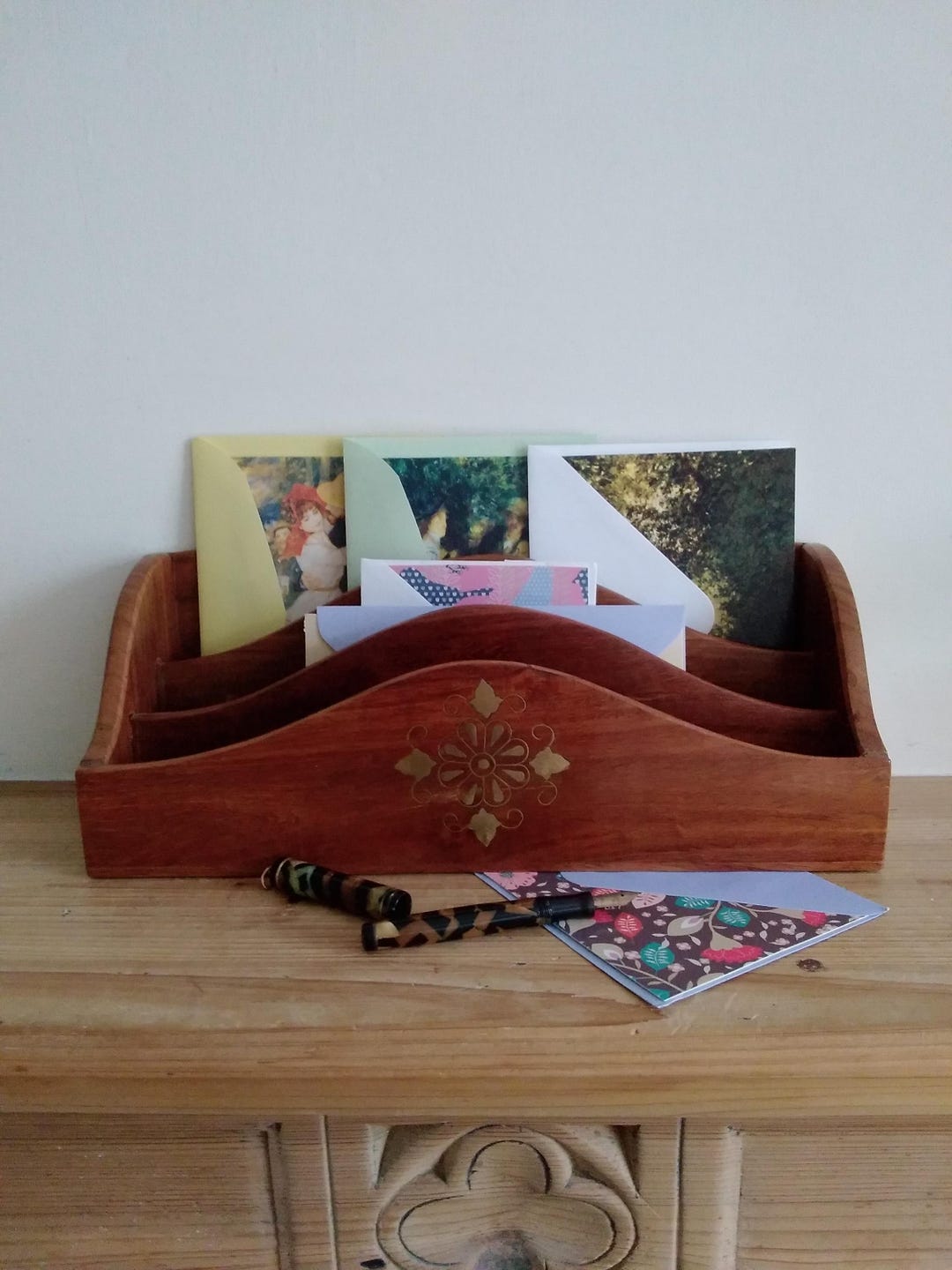 Wooden Letter Rack With Decorative Brass Inlay. Mahogany and Brass ...