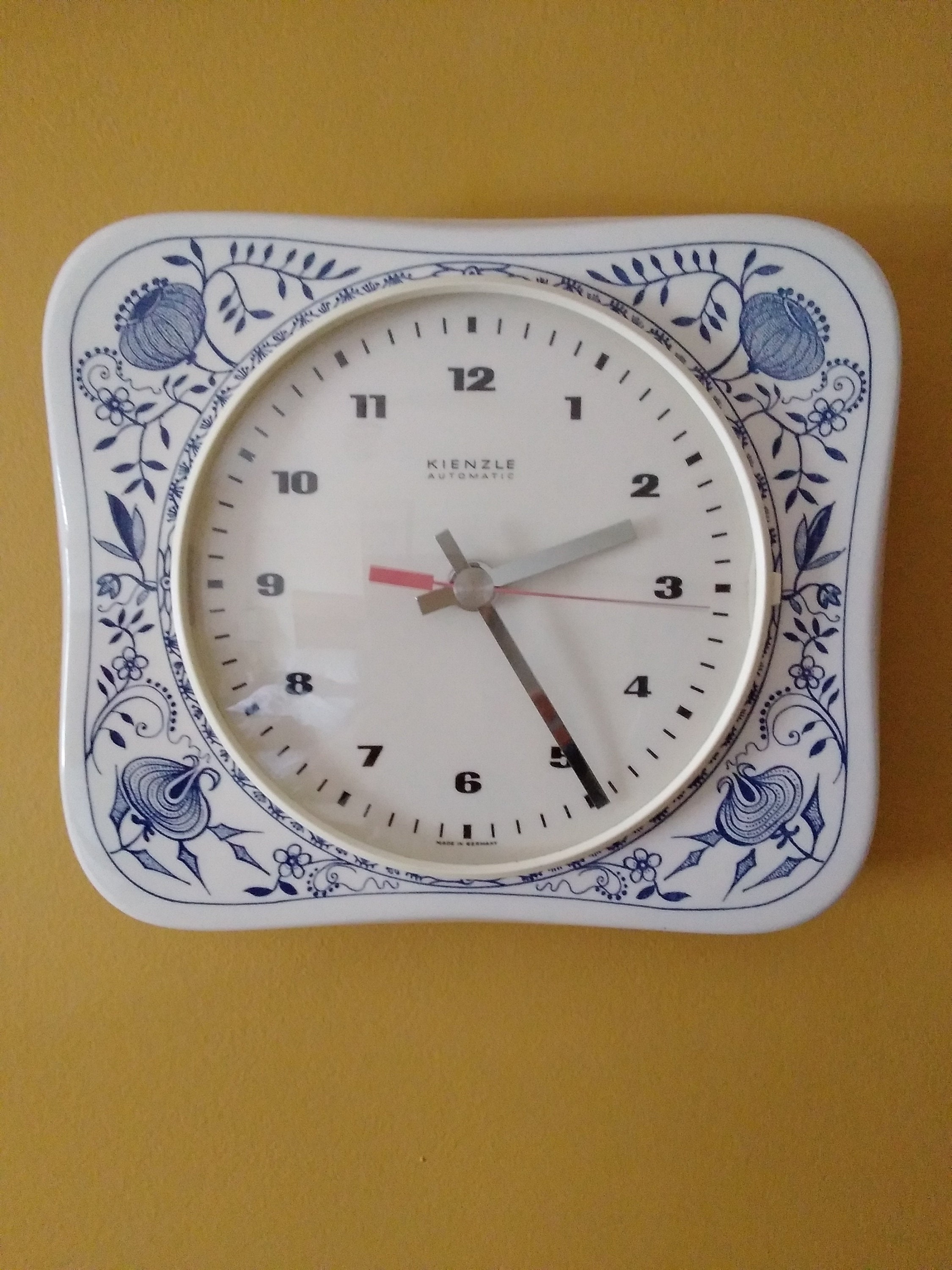 Ceramic Blue and White Kitchen Wall Clock. Vintage Kienzle Ceramic