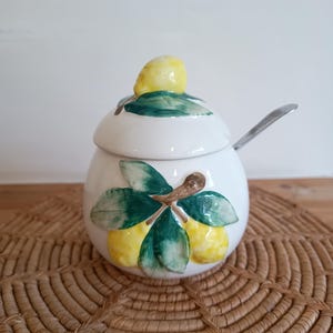 May include: White ceramic sugar bowl with a lid and a small spoon. The bowl is decorated with hand-painted lemons and green leaves. The bowl is sitting on a woven placemat.