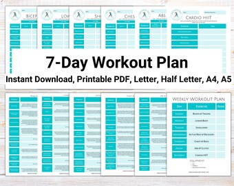 Piano di allenamento settimanale stampabile con esercizi e tracker/registro per casa o palestra, un programma di esercizi per tutti i livelli di fitness, download digitale