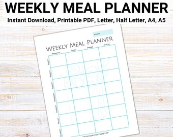 Weekly Meal Planner, Printable PDF, Planner Insert, Digital Download, Meal Plan, Fitness Planner, Health Planner, Nutrition Planner