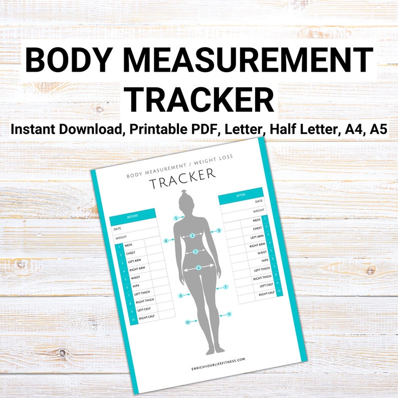 Pu&ograve; includere: Un tracker di misurazione del corpo stampabile in formato PDF. Il tracker include una silhouette di una persona con aree numerate per misurare diverse parti del corpo. Il tracker &egrave; disponibile nelle dimensioni Letter, Half Letter, A4 e A5.