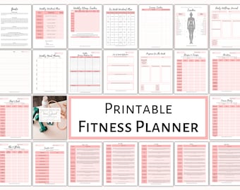 May include: A printable fitness planner with pink and white pages. The planner includes sections for weekly workout plans, weekly fitness trackers, a six-week workout plan, exercise trackers, a tracker, a daily wellness journal, weekly meal plans, a weekly shopping list, end of week reflection, progress for the week, recipes & swaps, and a body tracker.