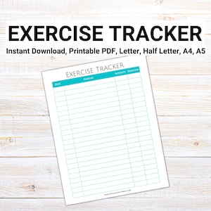 May include: Printable exercise tracker with columns for date, exercise, intensity, and duration. The tracker is designed for easy use and includes a space for notes at the bottom.