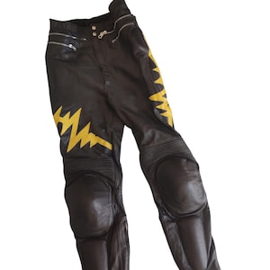 Vintage black and yellow leather motorcycle pants from the German brand ALNE, German leather motorcycle pants, free shipping