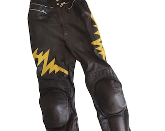 Czarno-żółte skórzane spodnie motocyklowe vintage niemieckiej marki ALNE, niemieckie skórzane spodnie motocyklowe, darmowa wysyłka