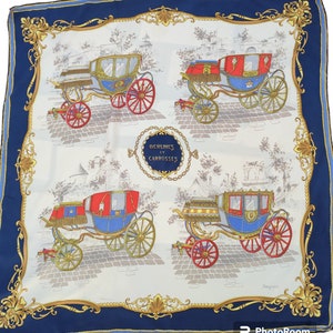 Bayron Silk Scarf titled &quot;Sedan Cars and Coaches&quot; / Vintage Carriage Silk Square / Vintage Silk Scarf Free Shipping