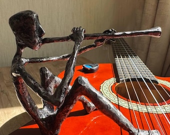 Musician Iron Sculpture, Handmade Metal Flute Player, Artistic Music Decor, Unique Gift for Music Lover
