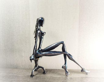 Handmade Metal Woman Sculpture, Modern Steel Figurine on Chair