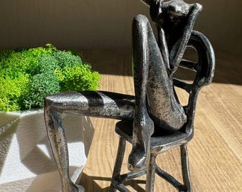 Handmade Metal Sculpture, Minimalist Abstract Figure Sitting on Chair, Modern Home Decor Gift
