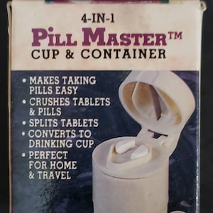Pill Master 4 in 1 Becher und Behälter Medizin Tablet Vitamin Splitter Mühle Reisegröße 1 3 5 oder 10 NEU