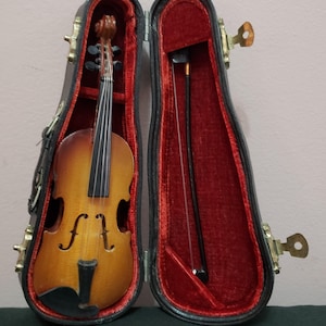 Puede incluir: Un violín de madera en miniatura con acabado marrón, diapasón y cuerdas negras, que descansa dentro de un estuche rígido de color marrón oscuro forrado con terciopelo rojo vibrante. El estuche incluye un arco en miniatura a juego sujeto en la tapa con cierres dorados.