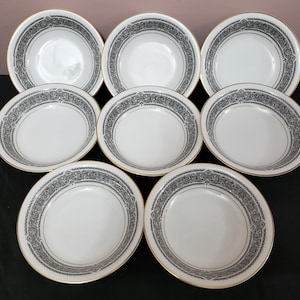 MIKASA Brindisi Prato para molho de sobremesa de frutas 5-1/2 &quot;conjunto de 8 pratos finos China 5880 design branco e preto e acabamento com borda dourada vintage como novo
