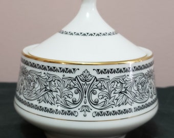 MIKASA Brindisi Sugar Bowl Dish with Lid 5880 White with Black Scroll Design and Gold Rim Trim Vintage Like New